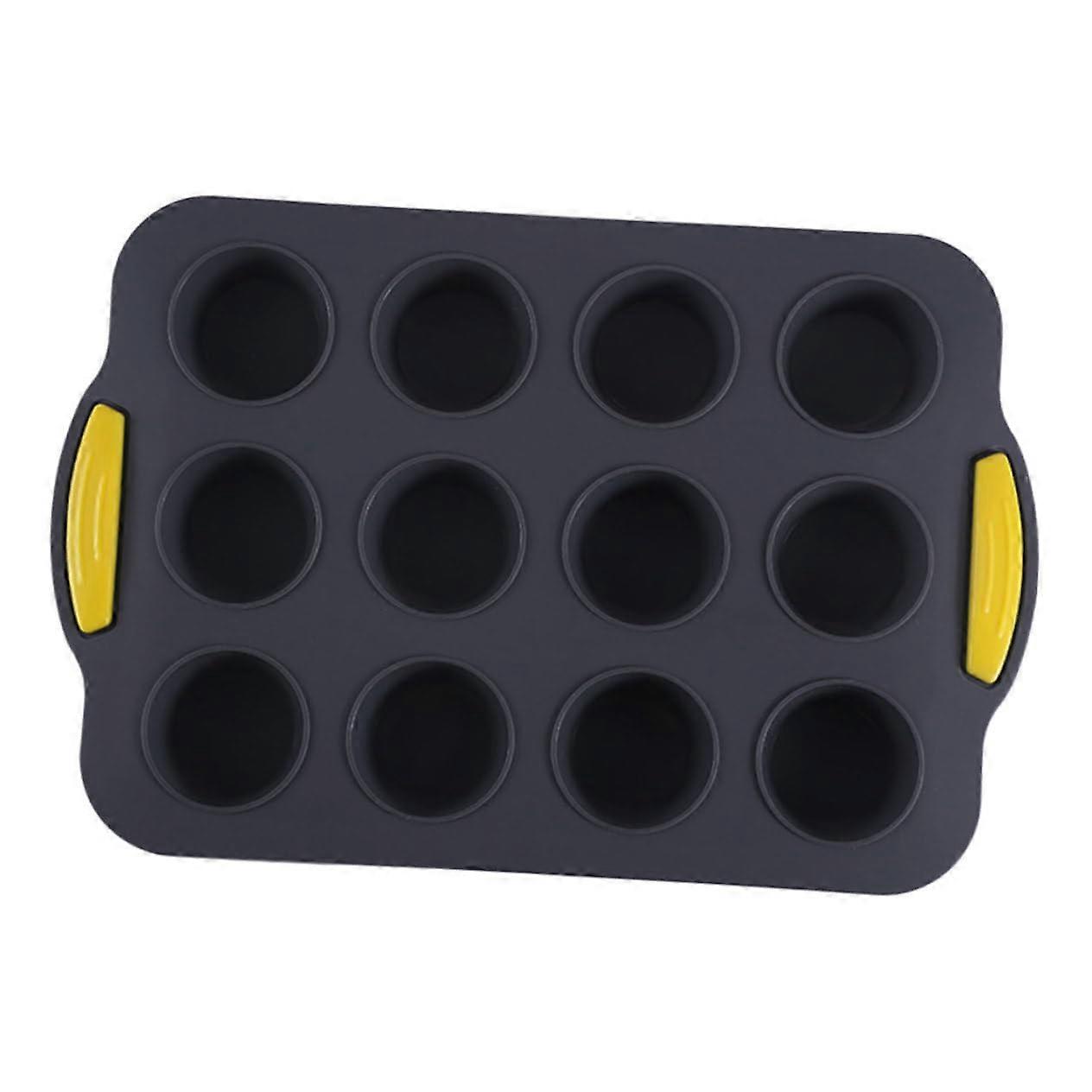 Silicone Muffin Pan NonStick Coated Dark Gray with Yellow Handles