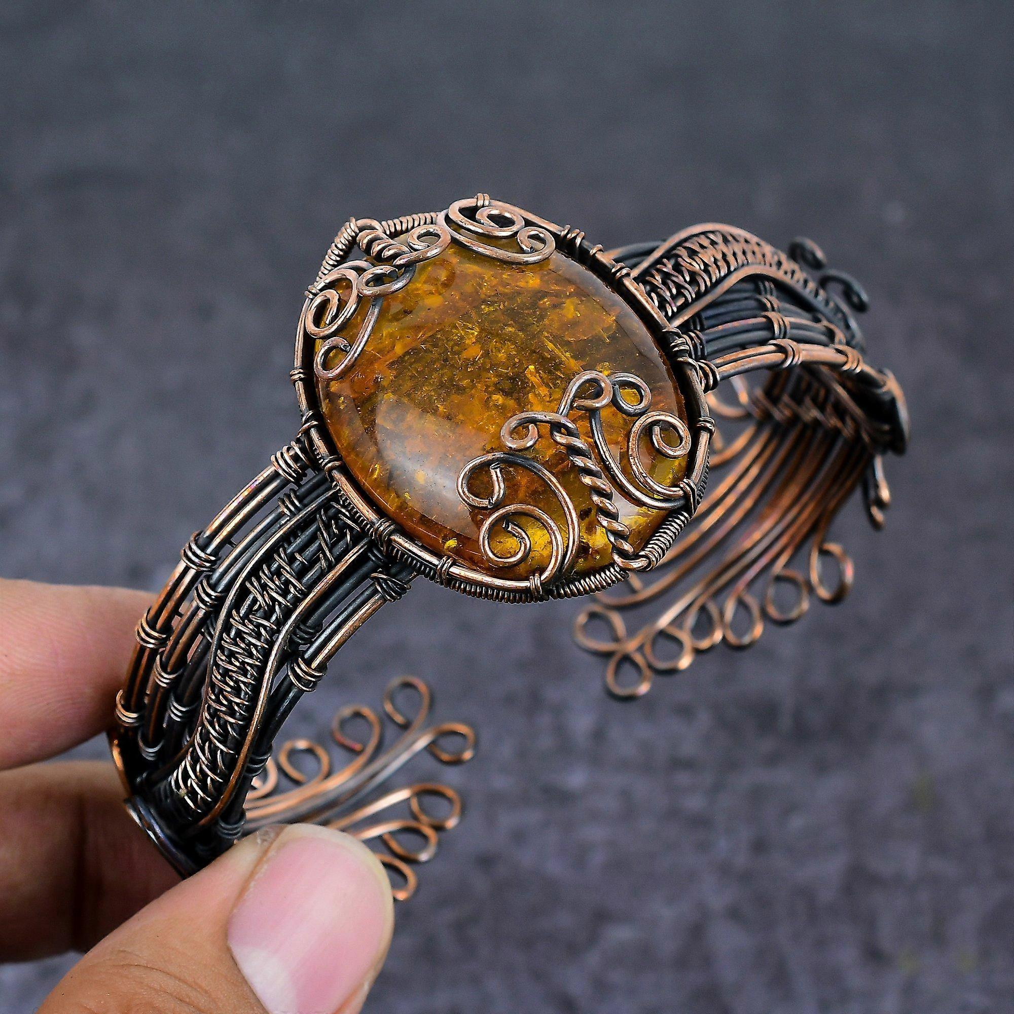 Natural Baltic Amber Gemstone Copper Wire Wrap Cuff Bangle Adjustable a3o44