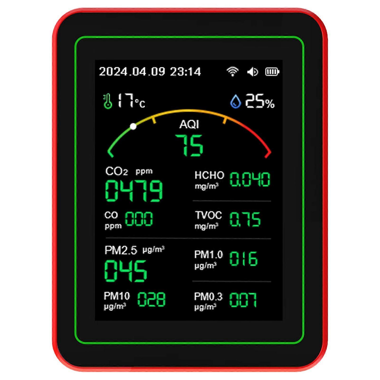 CO2 PM2.5 Formaldehyde TVOC Temperature Humidity Tester Air Detector Air Pollution Meter for Home Black/Red