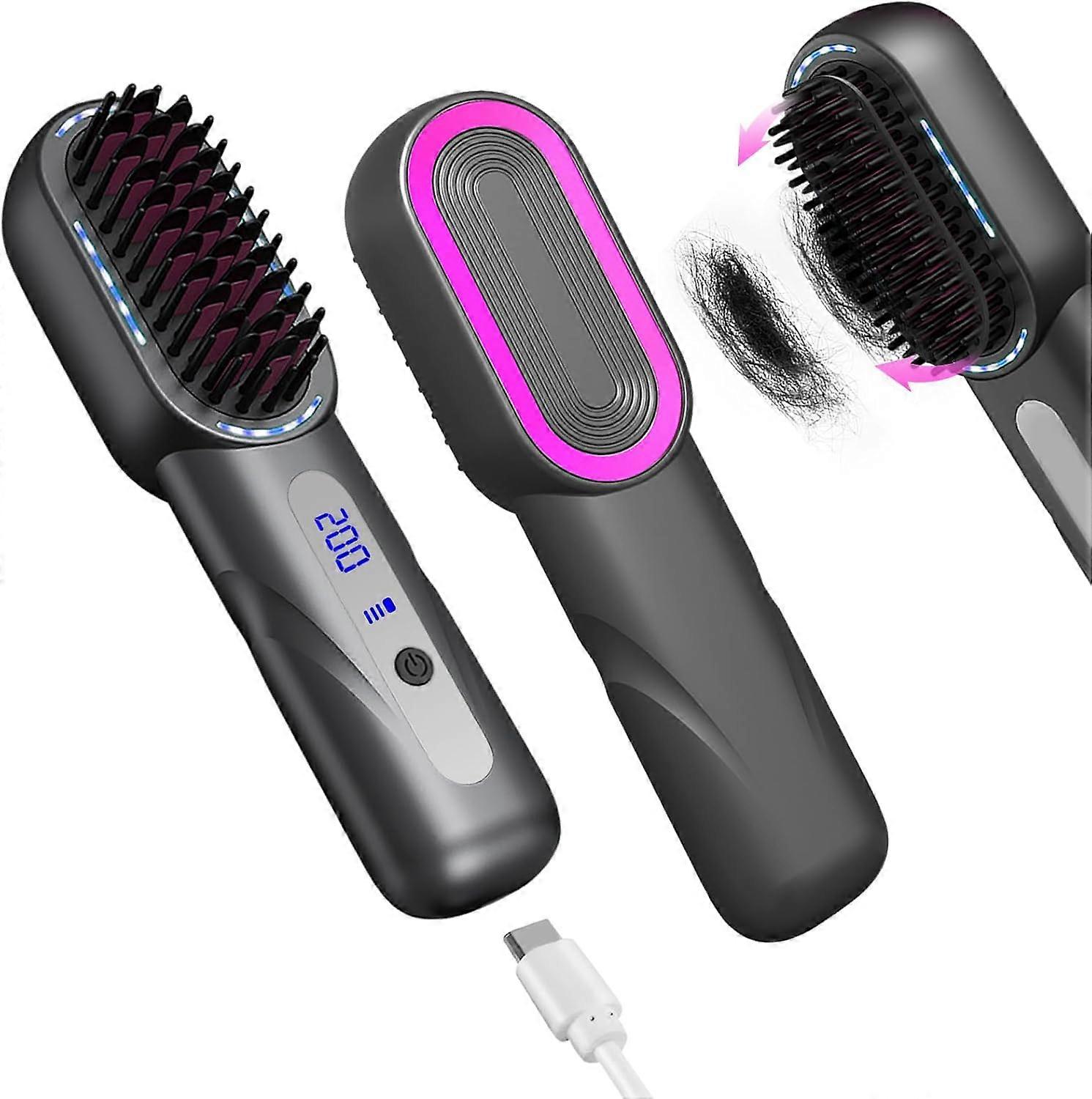Cordless retractable straightening brush with adjustable temperature