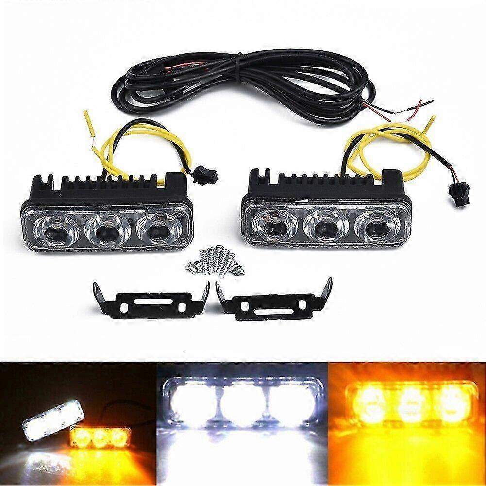 2pcs Car Daytime Running Light 3-LED White DRL Amber Turn Signal Front Fog Light