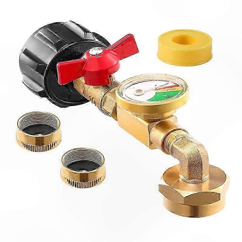 Propane Refill Adapter with Tank Gauge, 90-Degree Elbow Pressure Connector and ON/OFF Valve Control