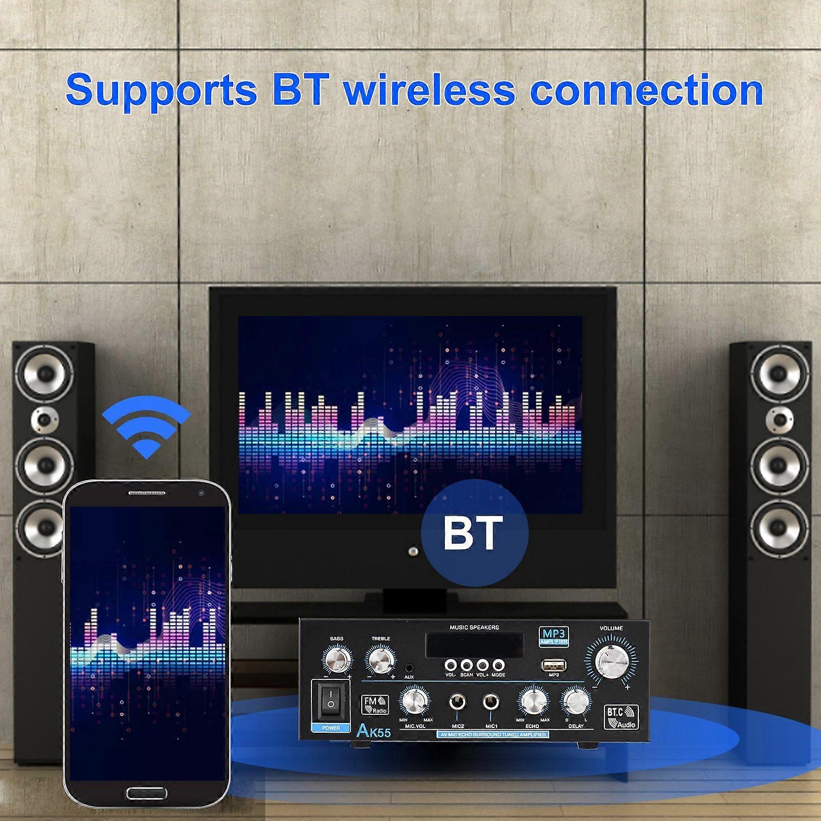 AK-55 Audio Power Amplifier Home Car Karaoke Amplifier Digital Audio PA Receiver 2 Microphone Input with Remote Control 2 Channel 70W+70W for Car Home