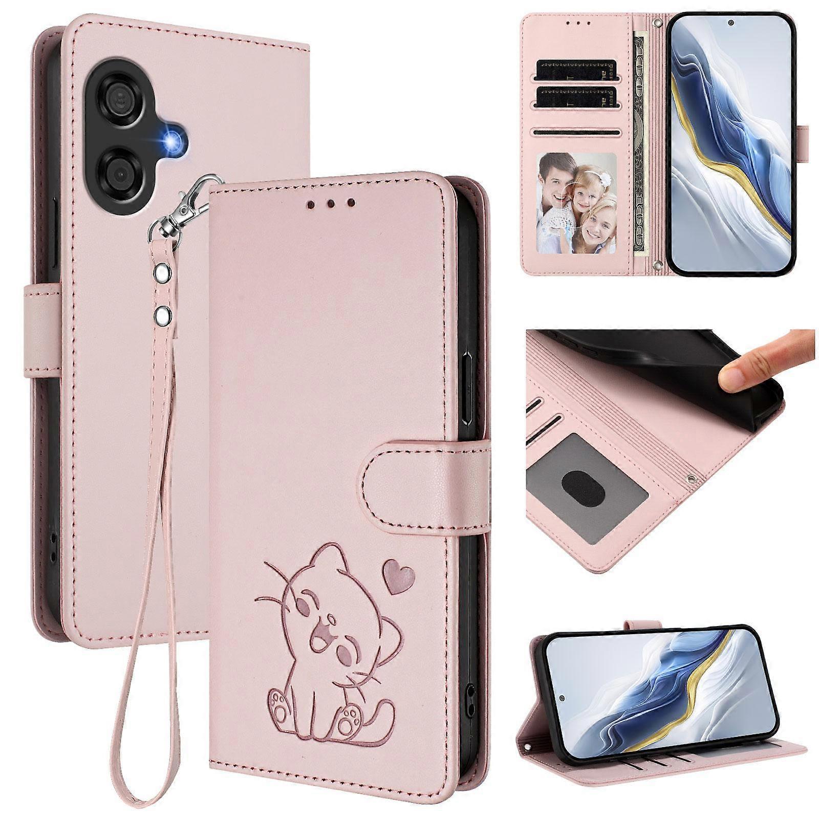 Embossed Heart Cat Leather Phone Case with Hand Strap