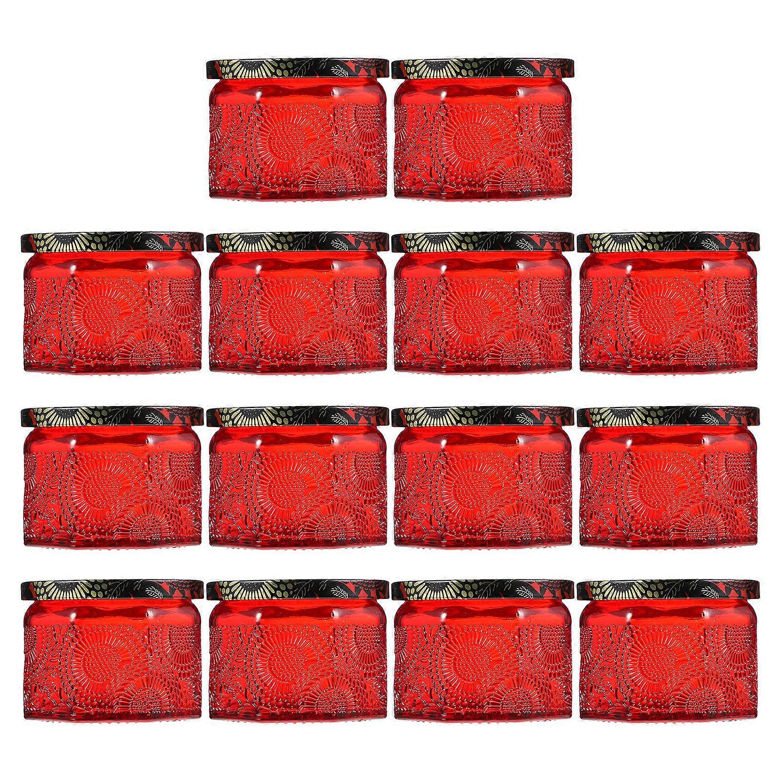 Embossed Glass Candle Jar for Storage 14Pcs Red Candle Containers with Lids