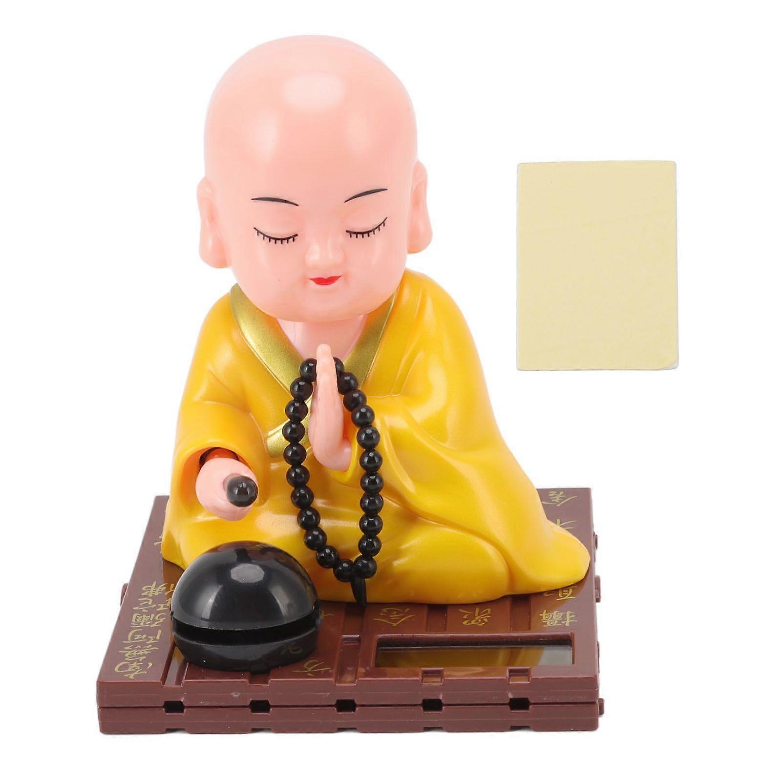 Small Buddhist Monk Solar Ornaments Light Energy Sensing Automatic Nodding Knocking Monk Decoration for Office Home Car Gift Yellow