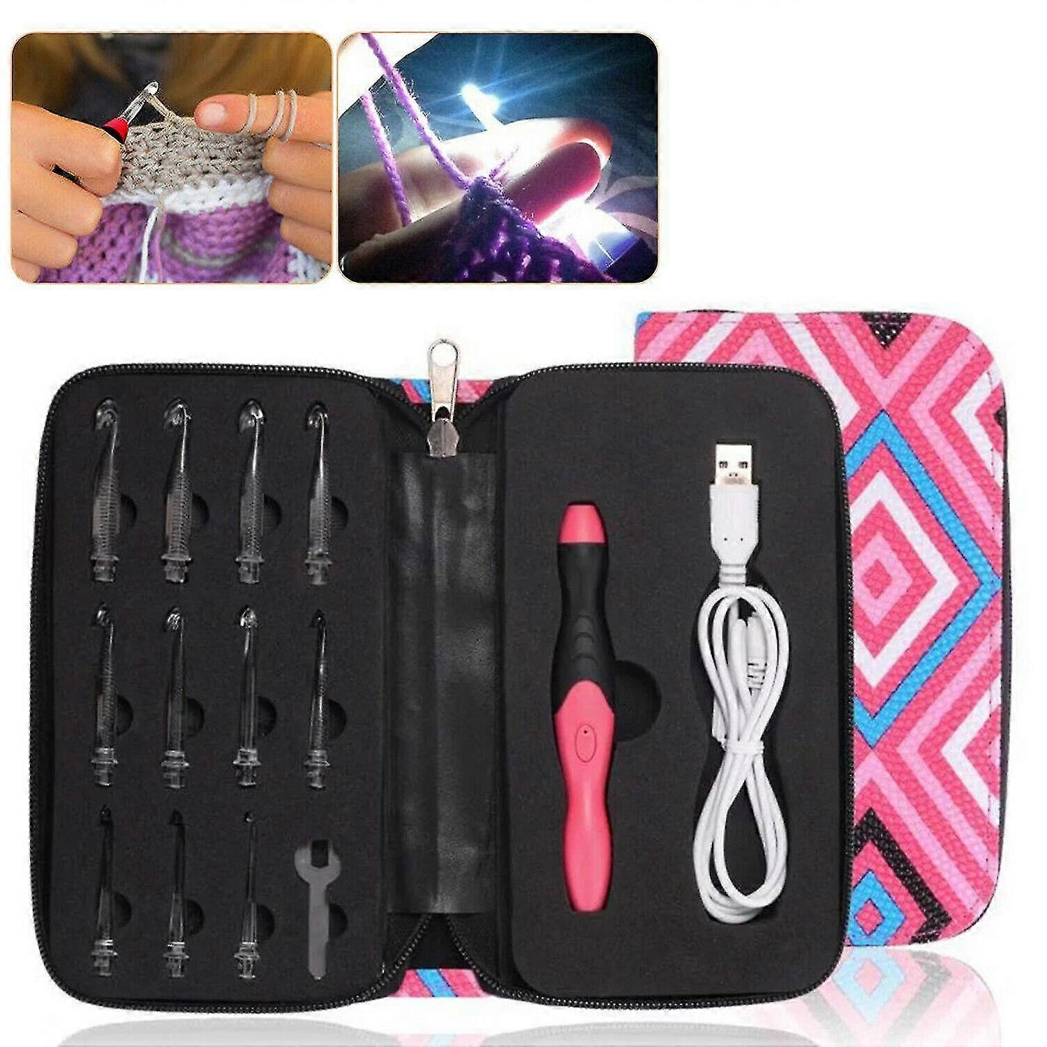 12-in-1 Usb Led Light Up Needles Weave Sewing Tools Set Crochet Hooks Knitting