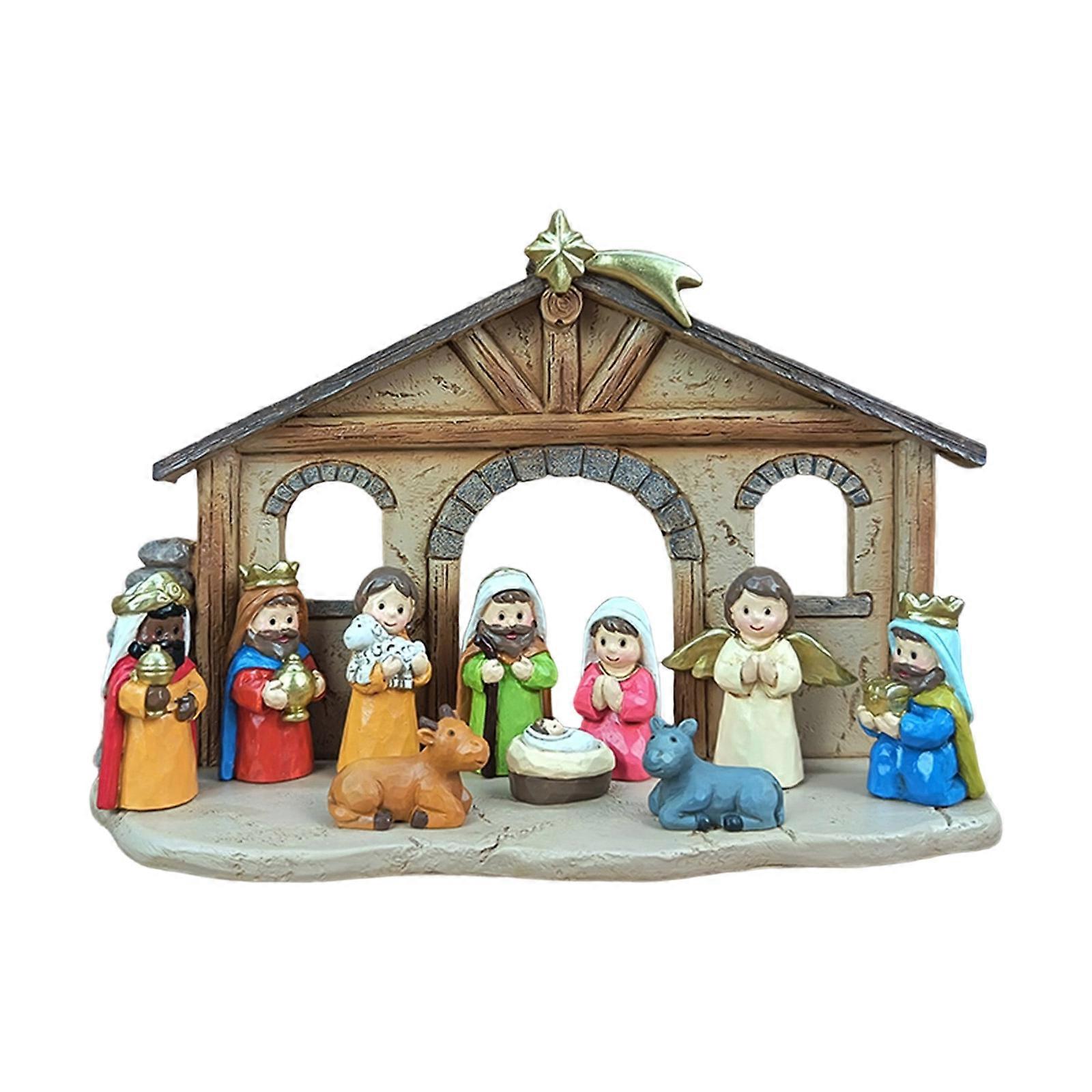 Resins Cartoon Nativity Scene Figures Ornaments Set for Christmas Tabletop Decorations for Collectors and Enthusiasts Multicolor