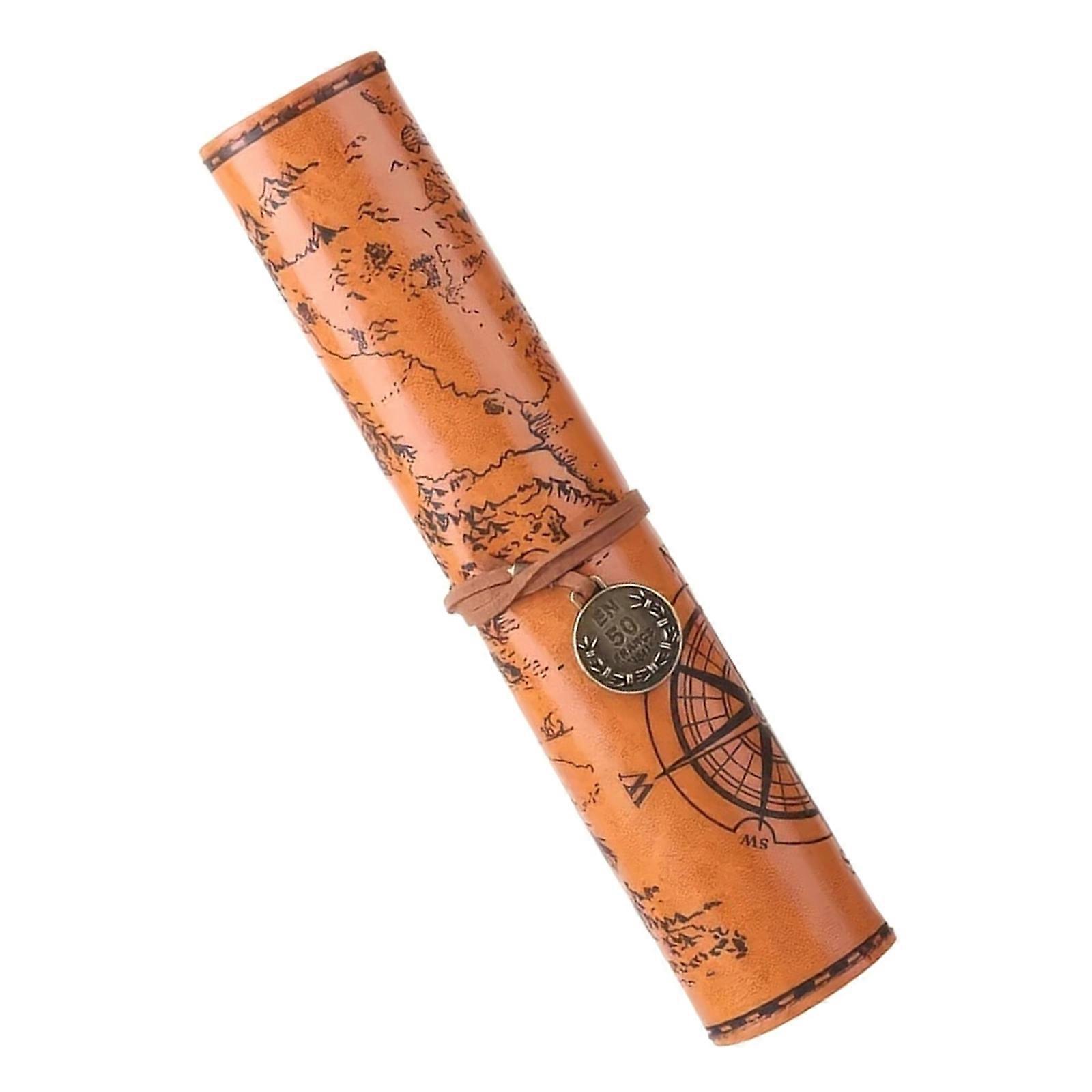 Treasure Map Themed Pen Bag Roll up Leather Pencil Case Large Capacity Paint Brush Organiser String Closure For Students  Flat brown
