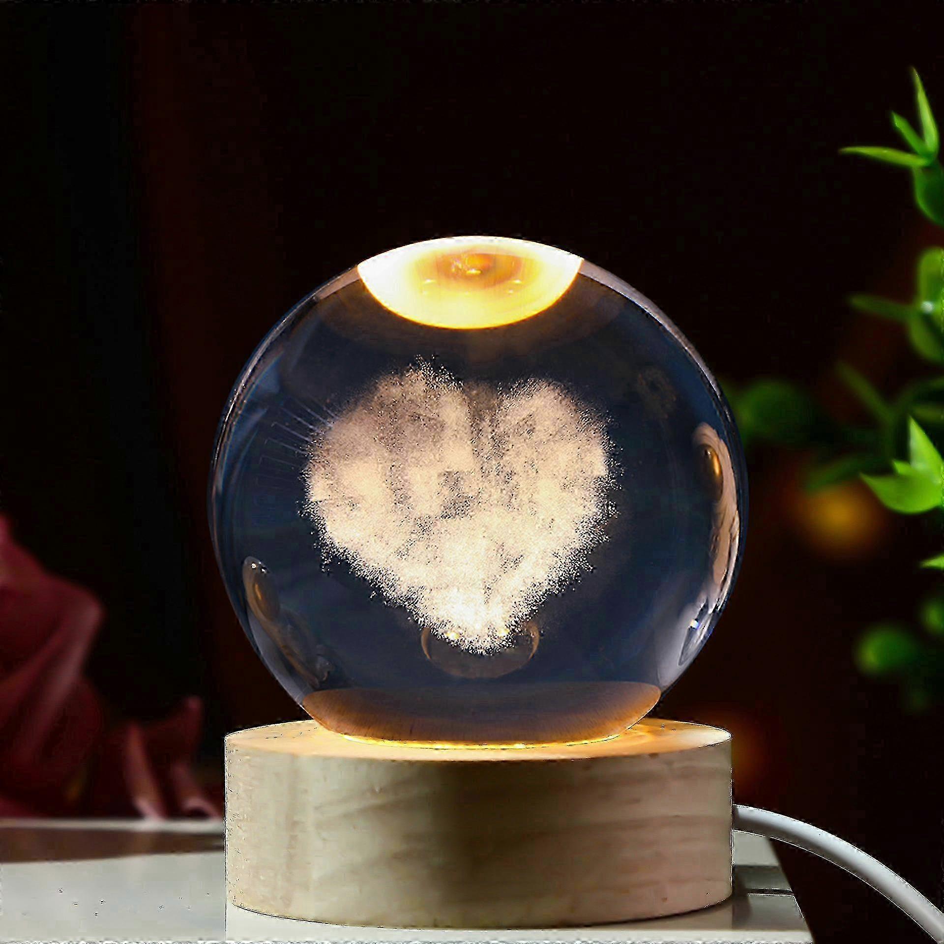 w 3D Heart Cloud Crystal Ball and LED Wooden Display Stand