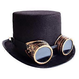 Vintage Steampunk Hat with Goggles Men Black Top Hat Halloween Party Accessories