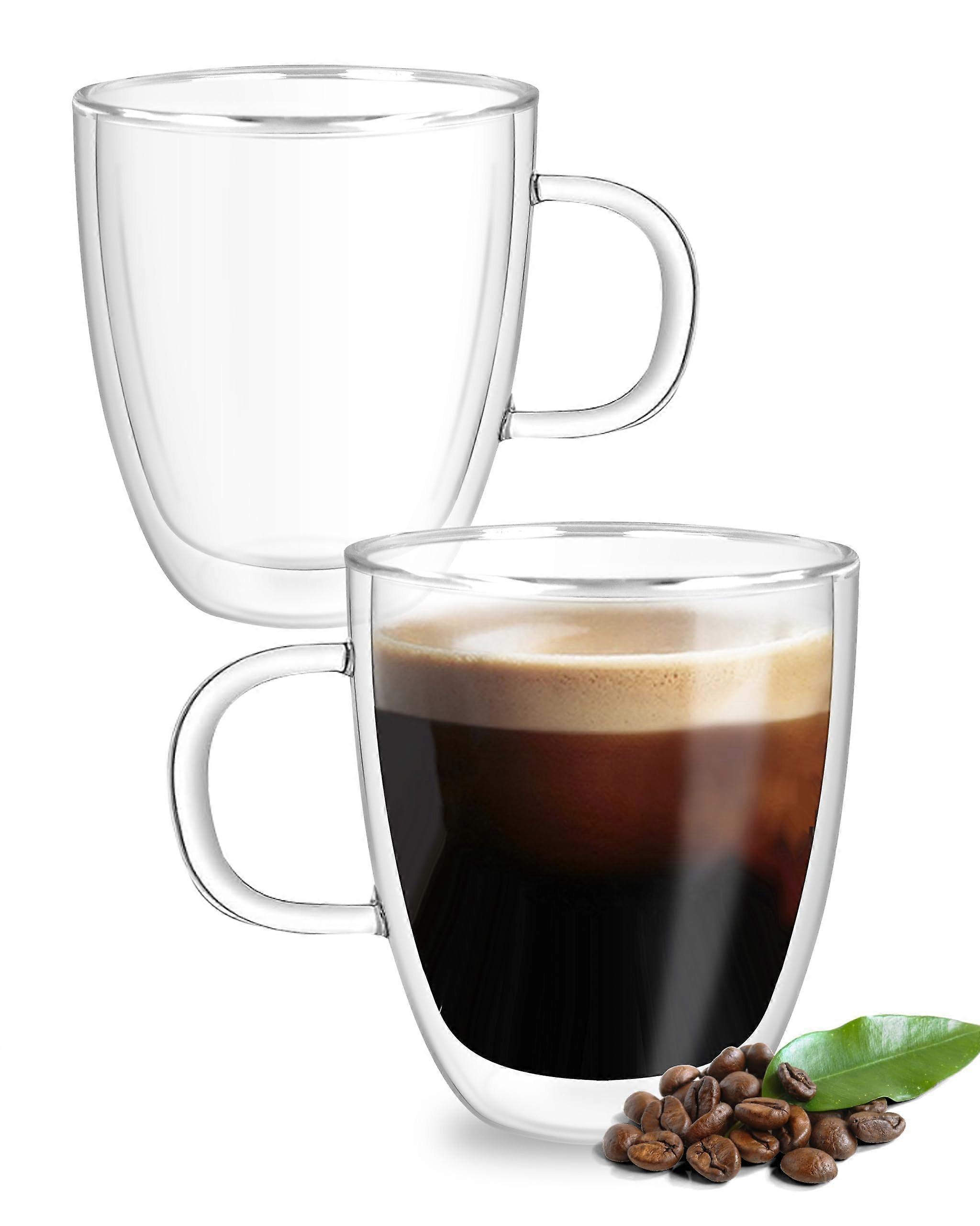 13.5oz Double Wall Glass Coffee Mugs with Handle, Borosilicate Insulated Cups, Microwave Safe, Set of 2