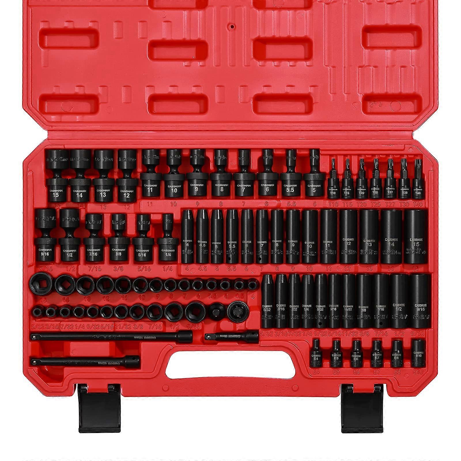 86 Piece 1/4 Inch Drive Impact Socket Set SAE Metric CRV Standard and Deep with Extensions