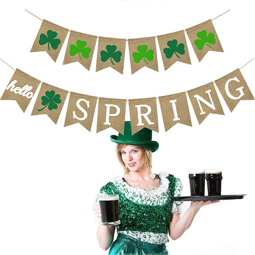 Four Leaf Clover Banner for St Patrick Day Decor 2Pcs Burlap Bunting