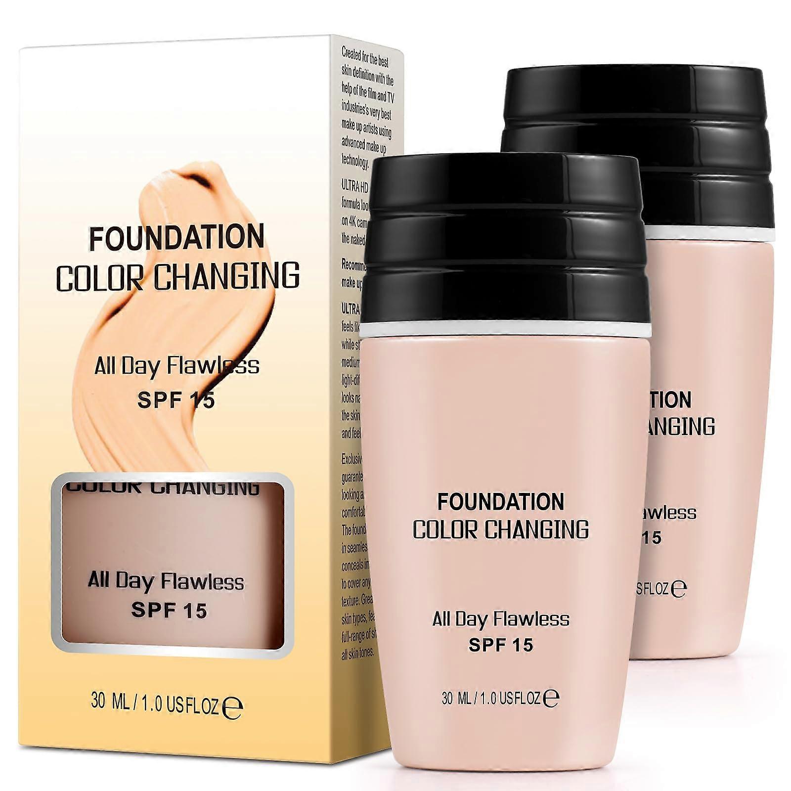Color Changing Foundation 2 Pack SPF15 Liquid Makeup with 24H Flawless Waterproof Coverage