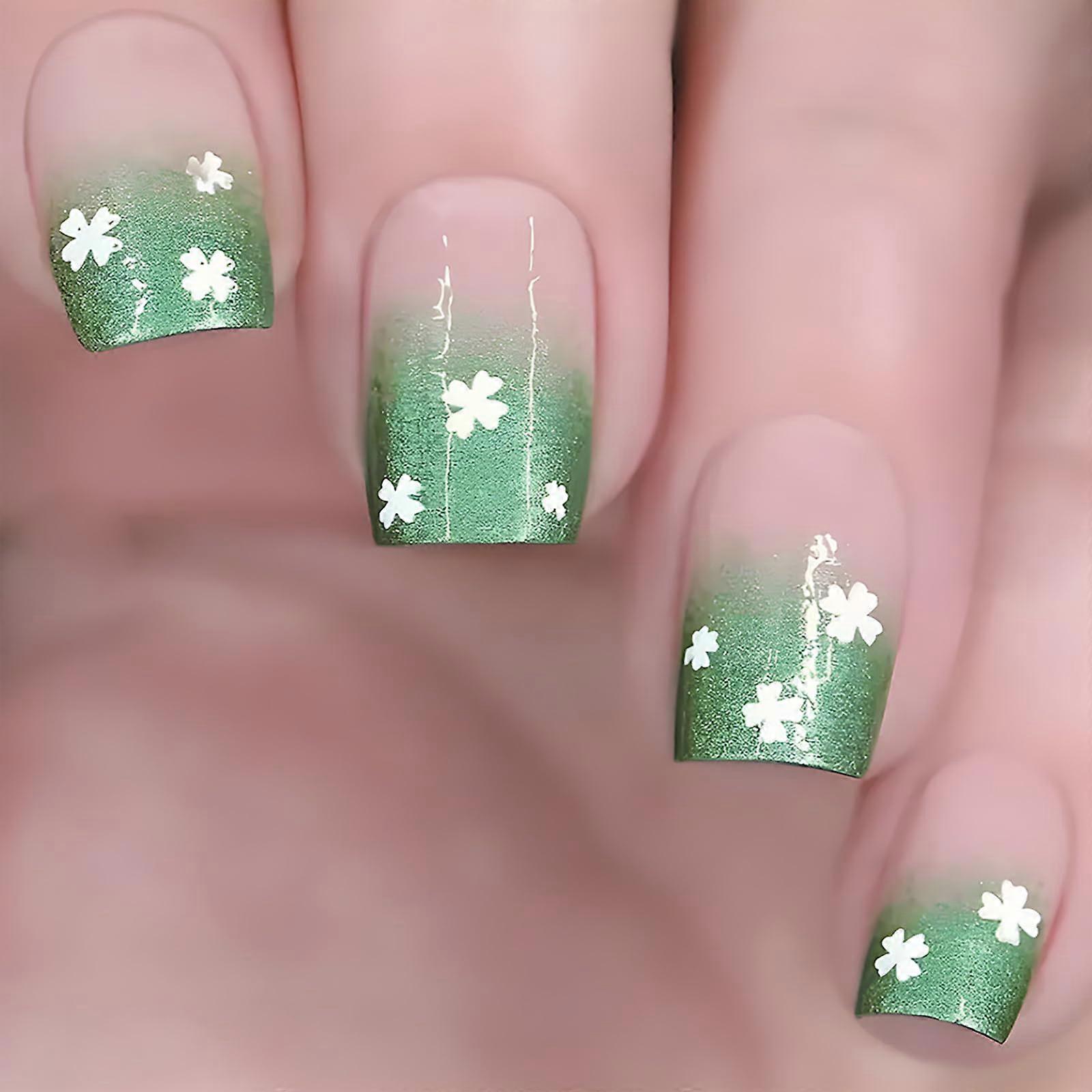 Short Square Green Gradient Press On Nails with Four Leaf Clover Design, Reusable Full Cover Set 24pcs