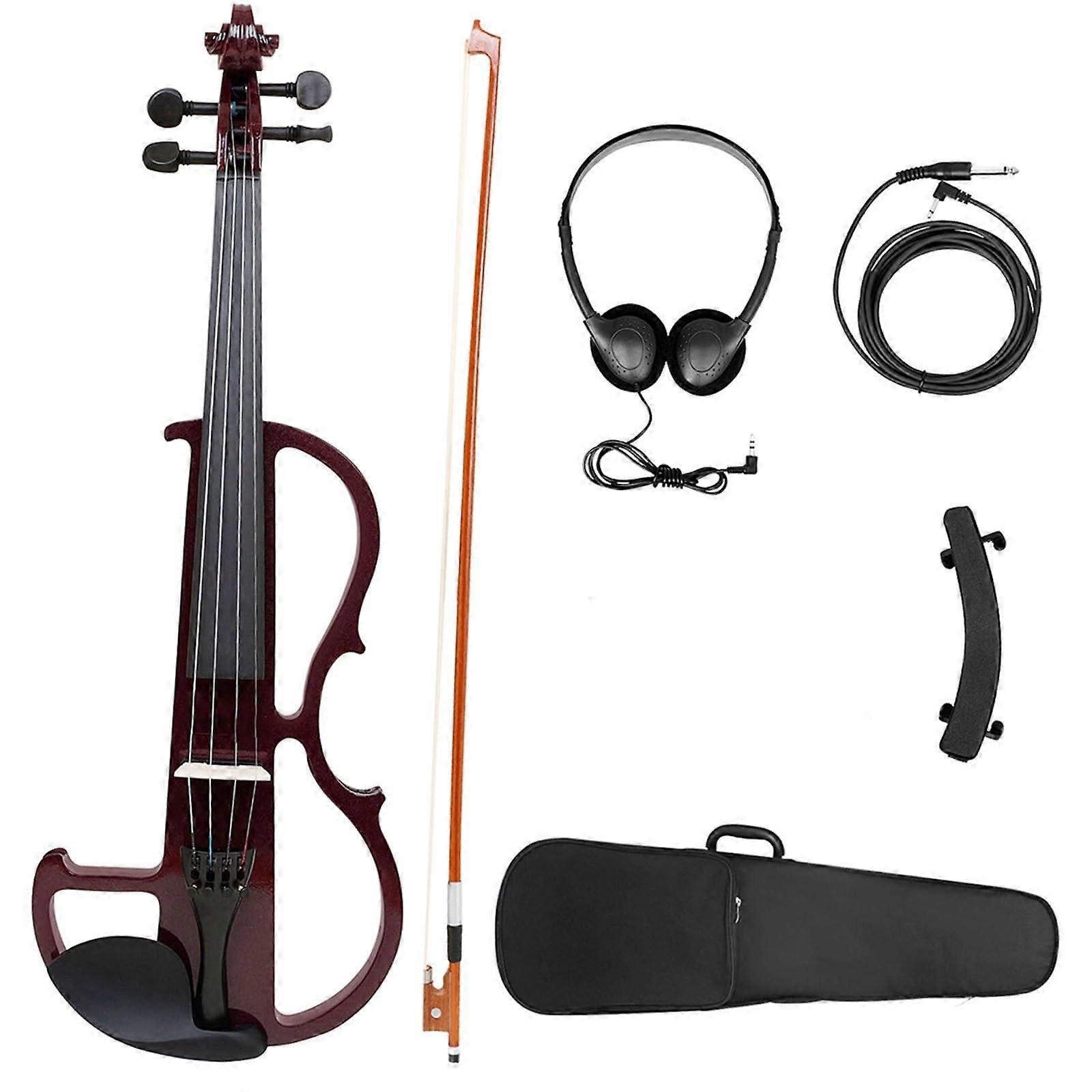 4/4 Solid Wood Electric Violin for Adults Beginners, Wine Red Silent Practice with Accessories