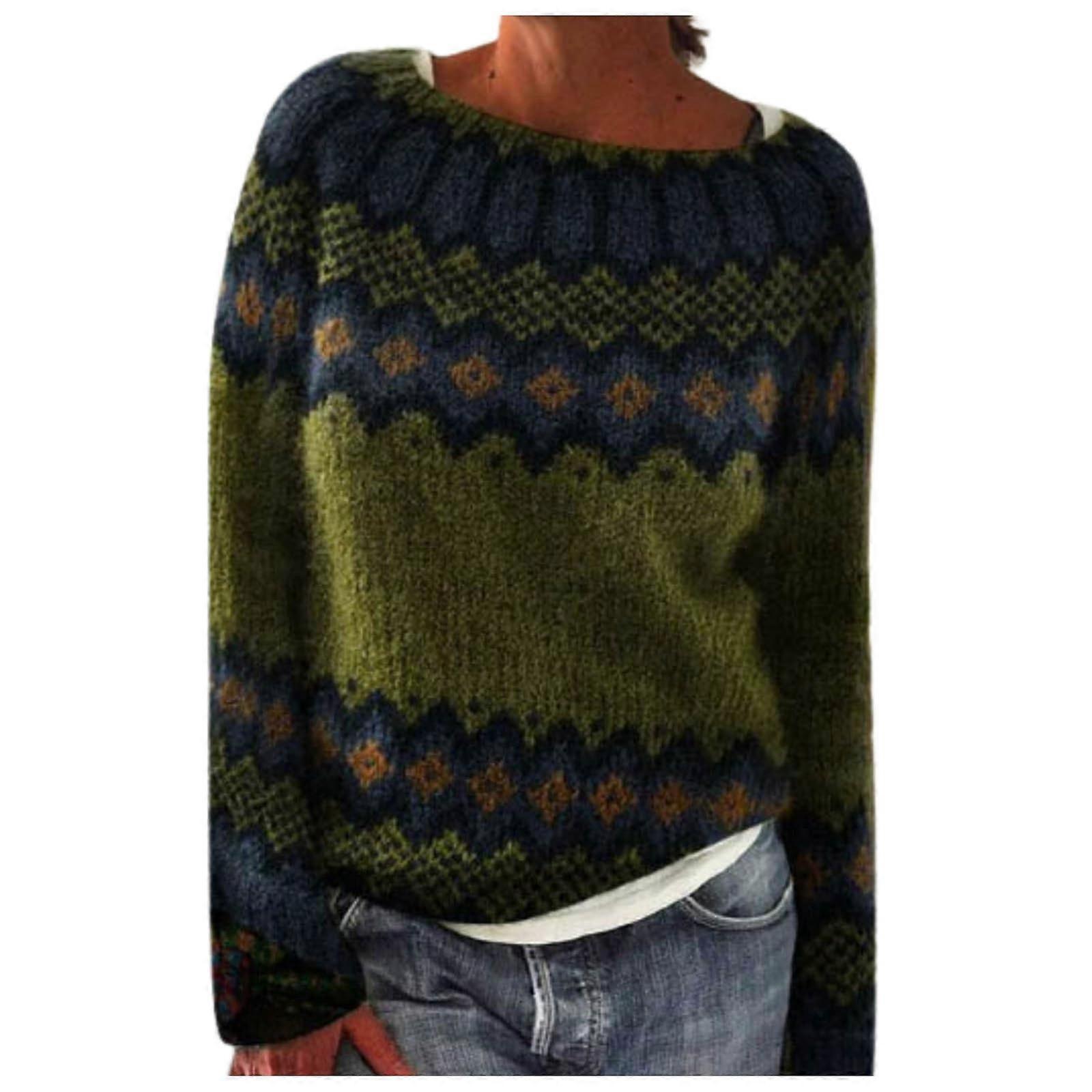 Women's Winter Sweater Vintage Patchwork Knit Pullover Crew Neck Long Sleeve Oversized 5XL Green