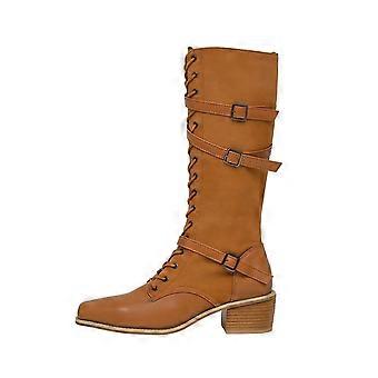 Willtoo dameslaars met gesp, dikke lage platte hak, kniehoge laars, vetersluiting aan de zijkant, ritssluiting, ronde neus, comfortabele casual leren rijlaars, bruine laars