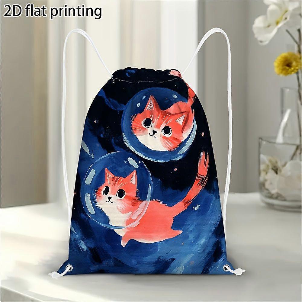 1pc Space Cats Adventure 2D Flat Print Drawstring Backpack - Softshell Construction, Lightweight, Durable with Adjustabl-Gqazw