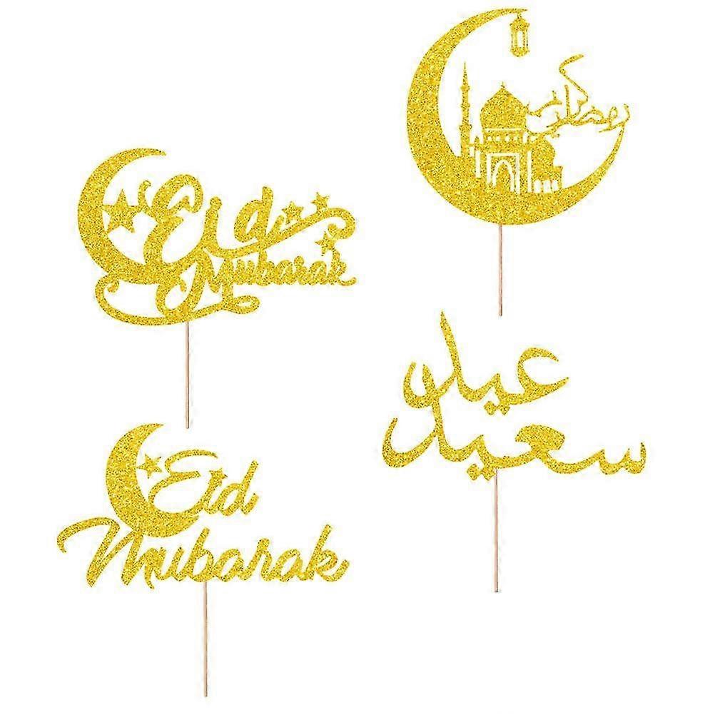 Golden Eid Toppers Cake Insert Cards compatible with Decoration 4Pcs Pack