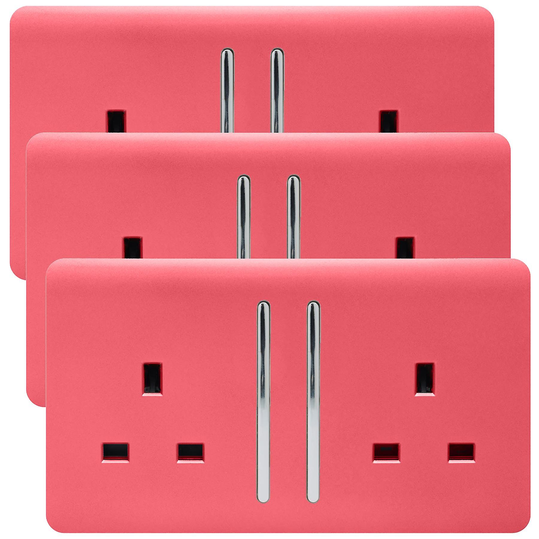 Trendi 2 Gang Artistic Modern Glossy 13 Amp Switched Plug Socket Strawberry (3 Pack)
