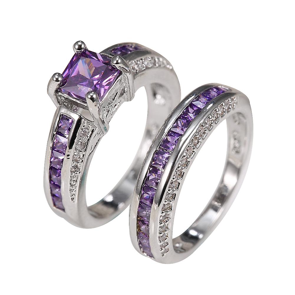 Renikh 2Pcs Princess Jewelry Square Faux Amethyst Rhinestone Inlaid Wedding Ring Band
