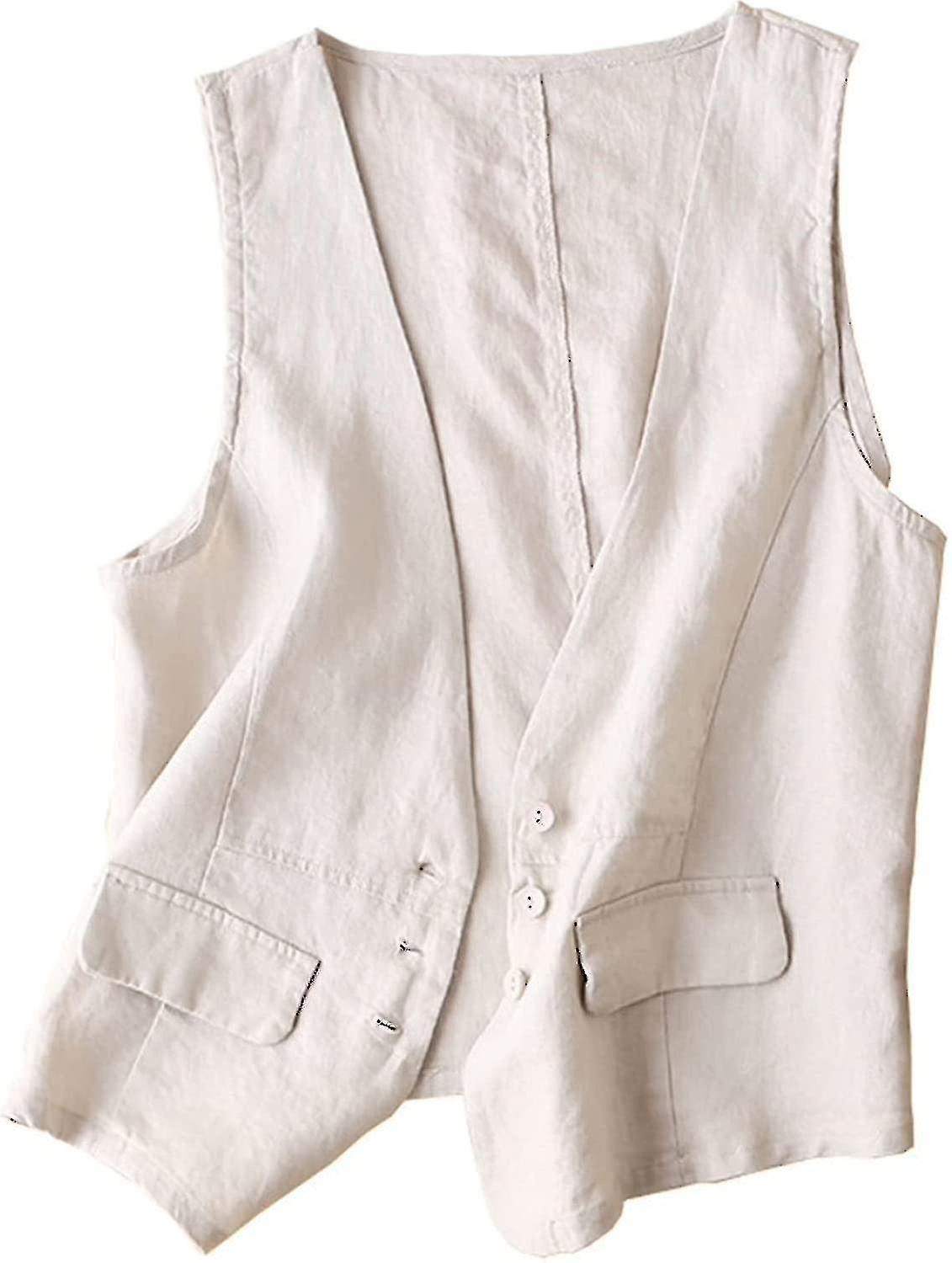 Bayan Pamuk Keten Yelek Rahat Gevşek V Yaka Kolsuz Yelek Ceket-xdd