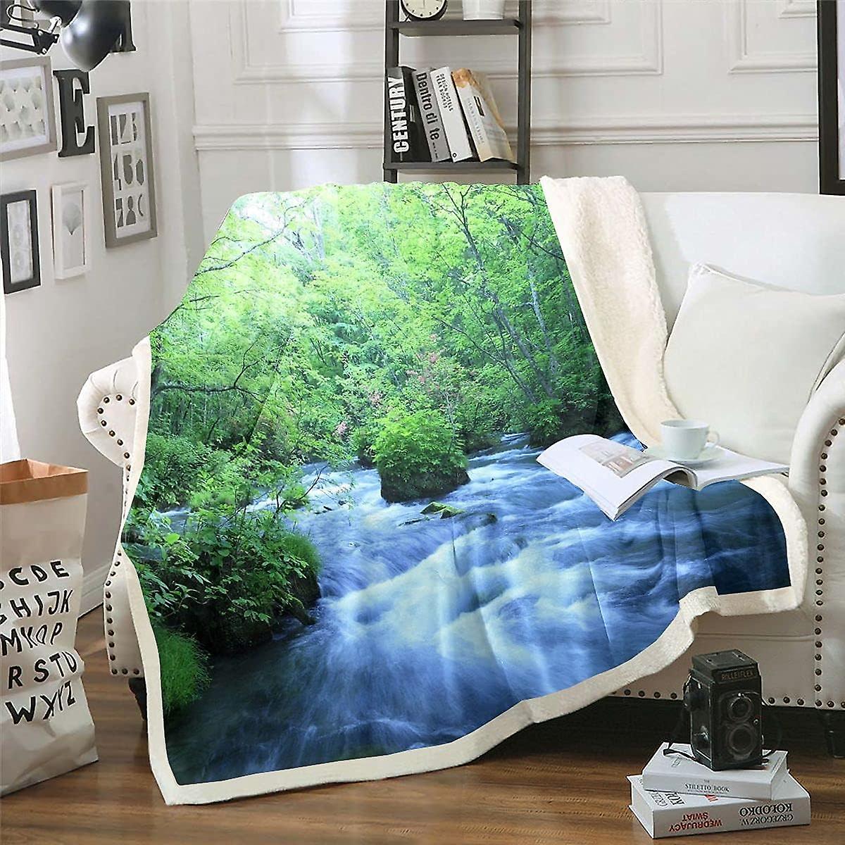 Tree Plush Blanket Trees Bushes Sherpa Blanket Stream Fleece Throw Blanket For Kids Adults Woodland Fuzzy Blanket for Sofa Bed, Ultra Soft King