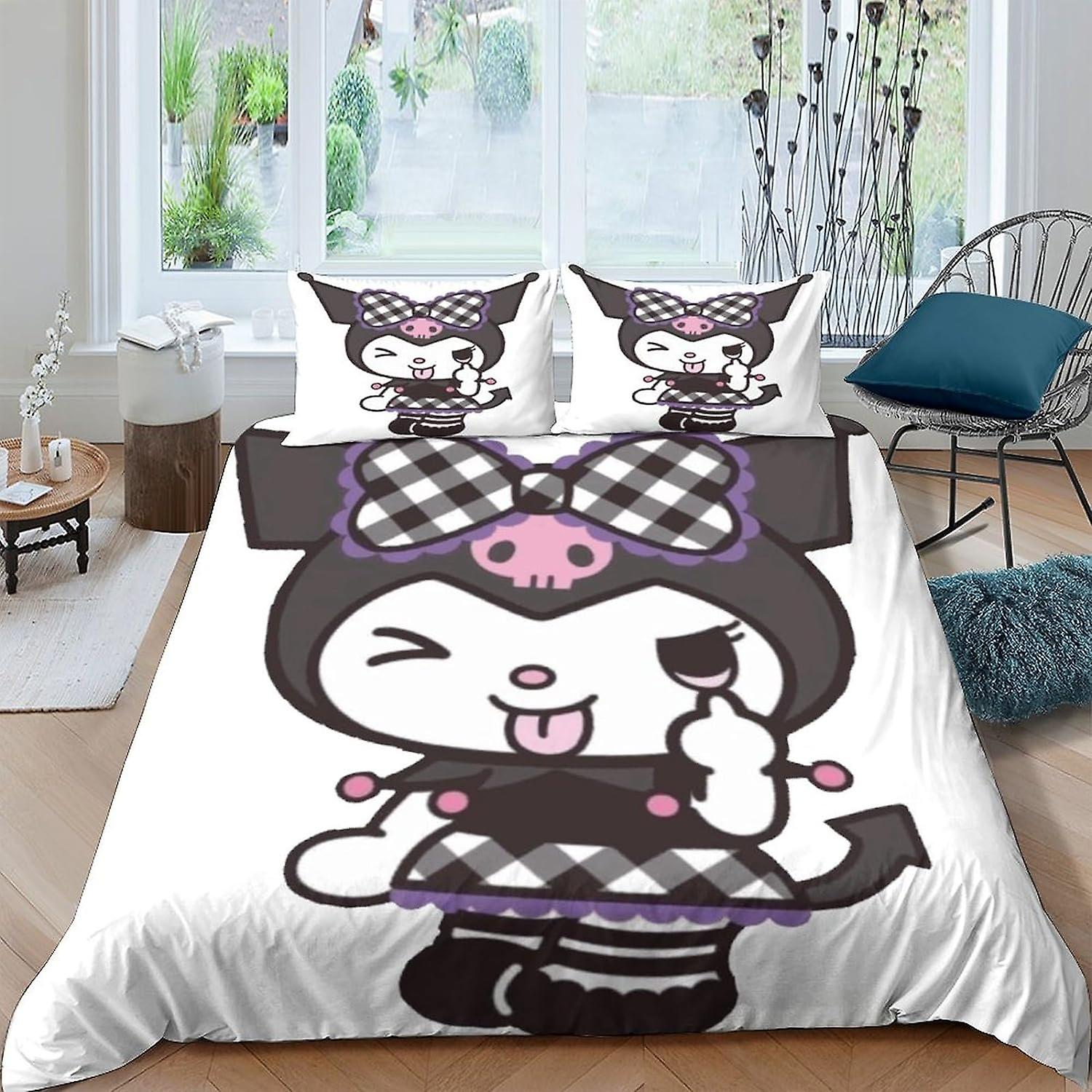 HOUKIG Kuromi Nevresim Örtüsü Yorgan Örtüsü Yorgan Kılıfları Erkek Kızlar için 3D Baskılı Anime Karakterleri Yatak Takımı Yumuşak Mikrofiber Z ile Yastık Kılıfları