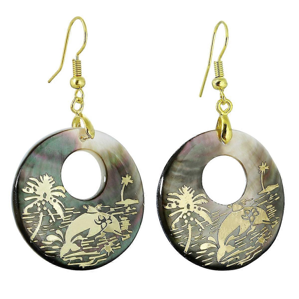 Earrings-Dolphin Delight-Etched Shell-Beach Elegance