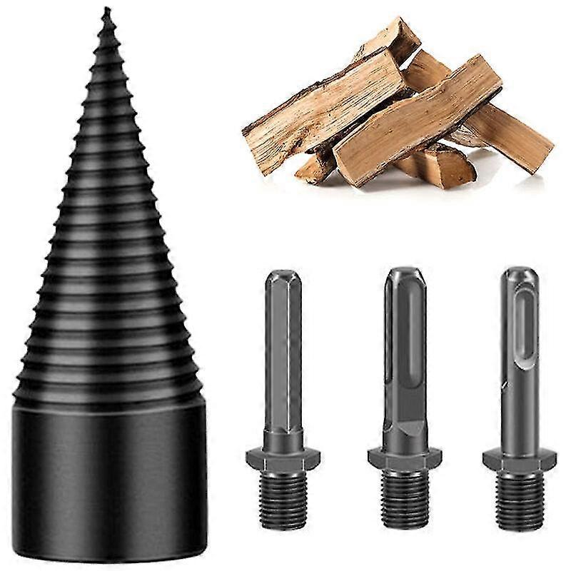 Drill Attachment Firewood Drill Bit 3 Pieces Replaceable Shank Square Round Hexagon 32mm Pointed Head Wood Cutting Tools for Electric Drill, Black