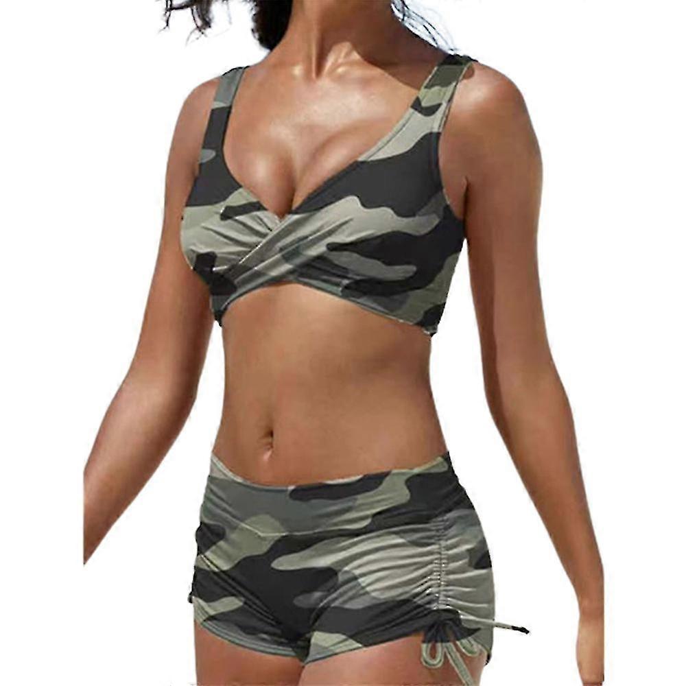 Kvinnor push-up bikini badkläder baddräkt baddräkt strandkläder pojke shorts set (kamouflage)