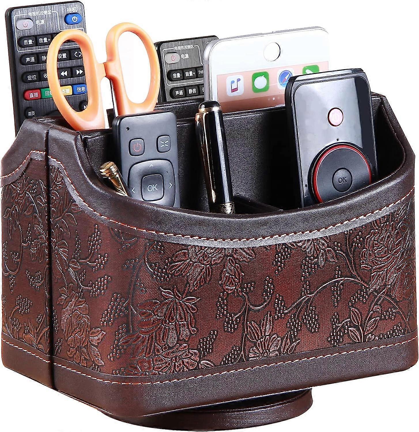 Rotating Remote Control Holder, Multimedia Organizers with 5 Compartments, Multifunctional PU Leather Desk Organizer, TV Storage Box for Remotes, iPad
