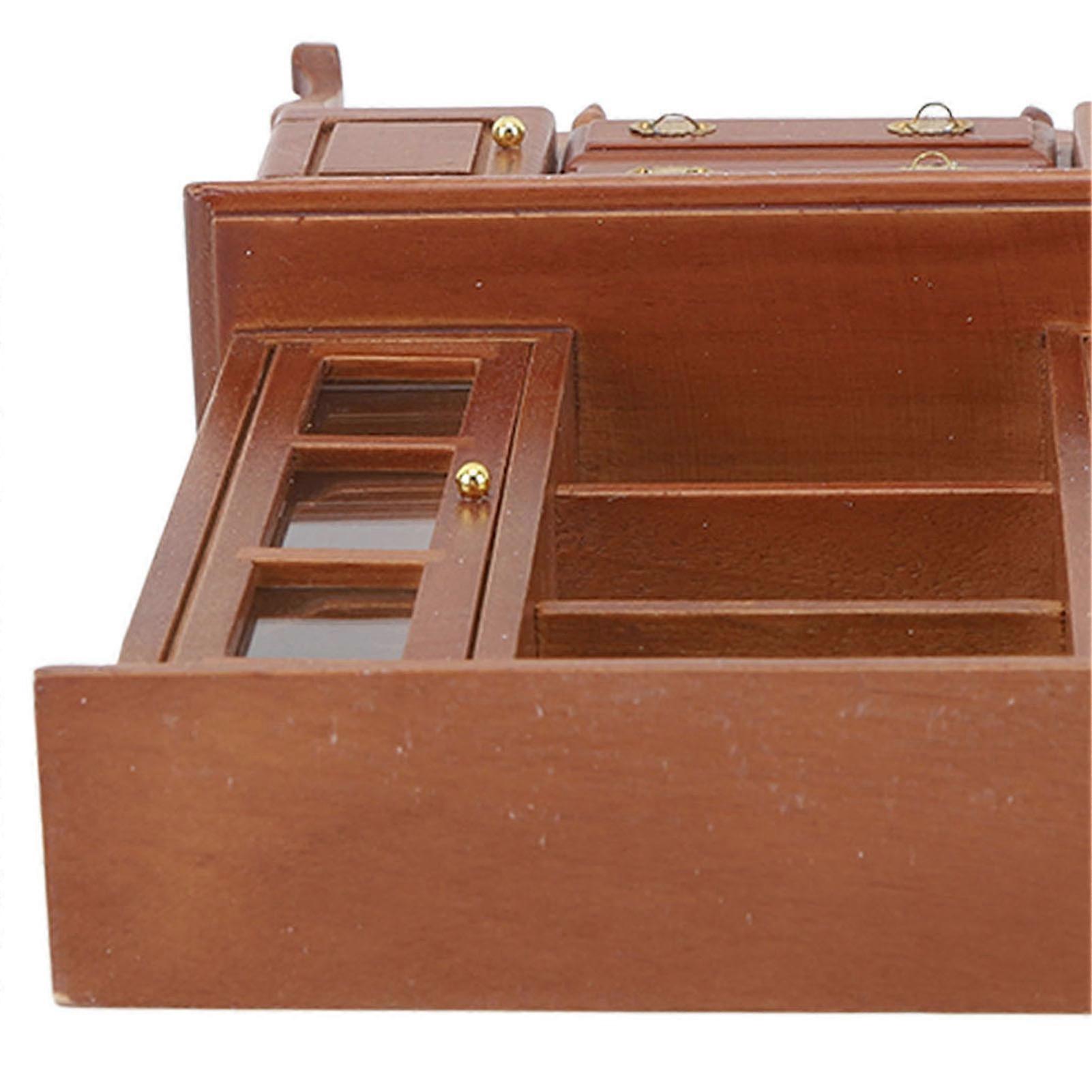 Miniature Cabinet Wooden 1/12 Scale Dollhouse Bookcase Cupboard with Openable Door Drawer for Room Maroon