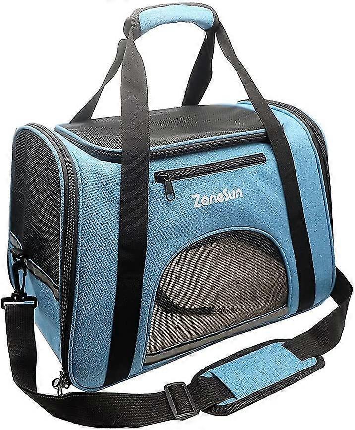 Soft Carrier Bag For Small Dogs And Cats - Airline Approved - Leak Proof - Breathable - 5 Mesh Windows - Blue