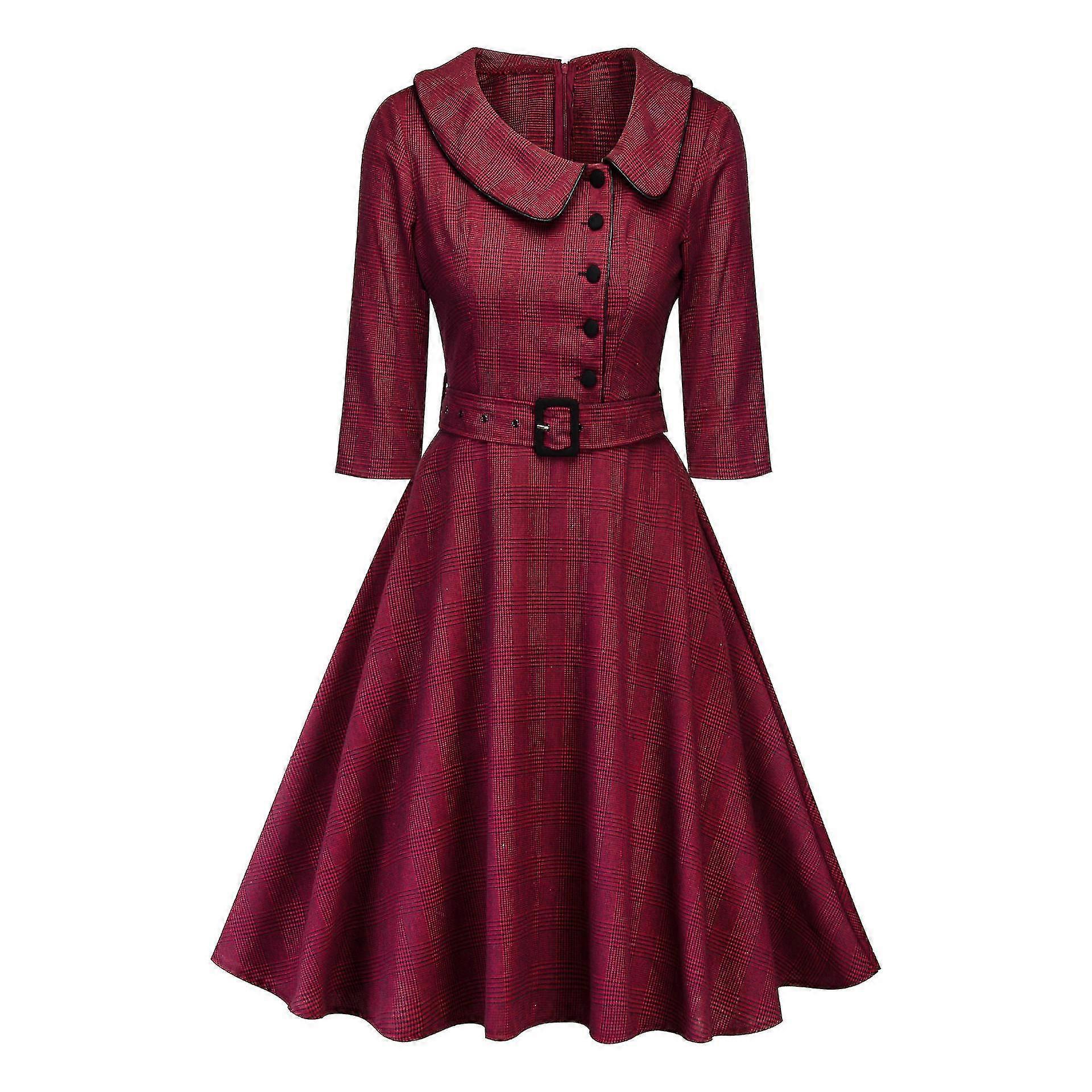 Women Retro Housewife Button Lapel Vintage Rockabilly Party Evening  Waistband Swing Dress | Fruugo UK