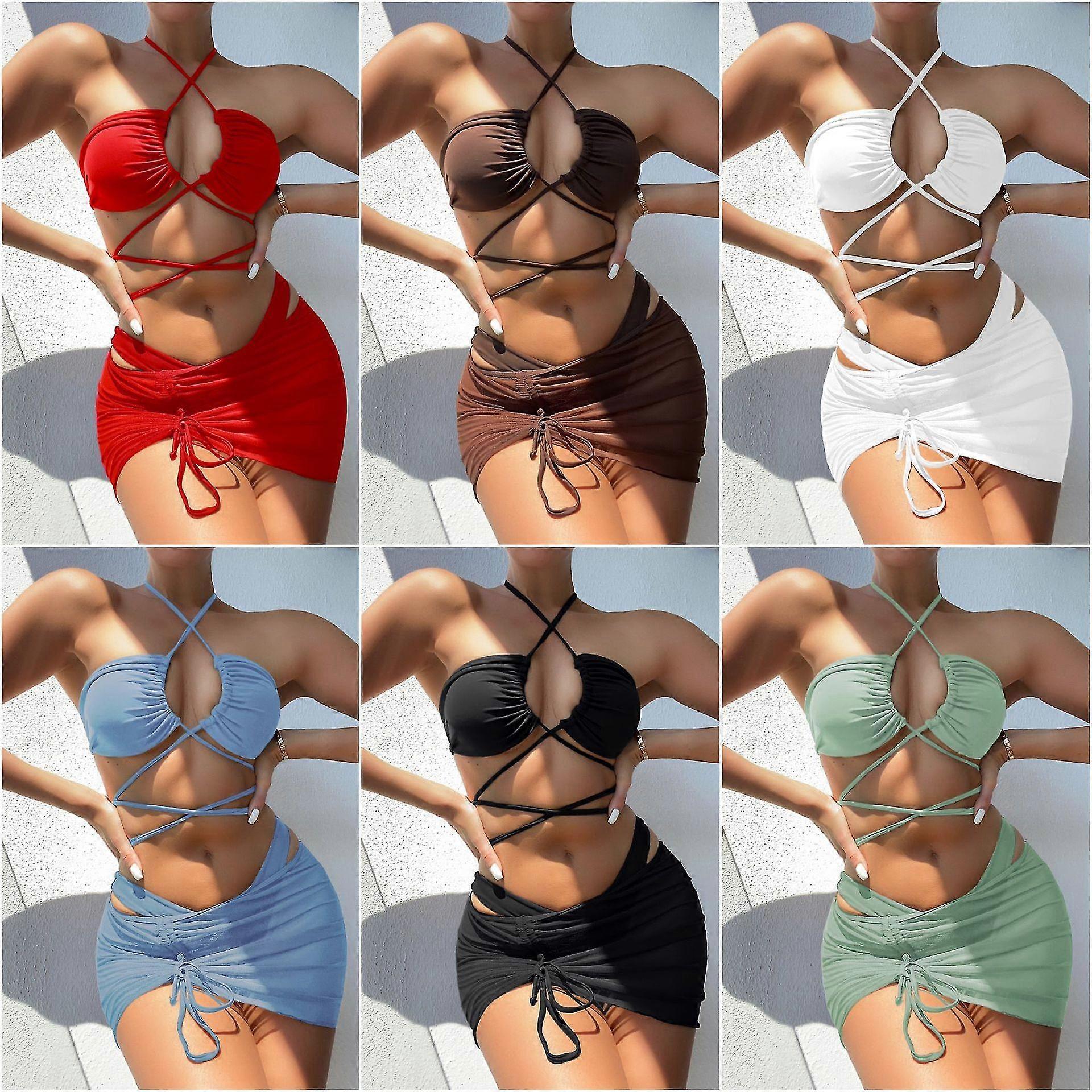 Bikini Sommar Triangel Baddräkt Kvinnor Halter Badkläder Kjol 3 Stycken Set Elegant Baddräkt jk