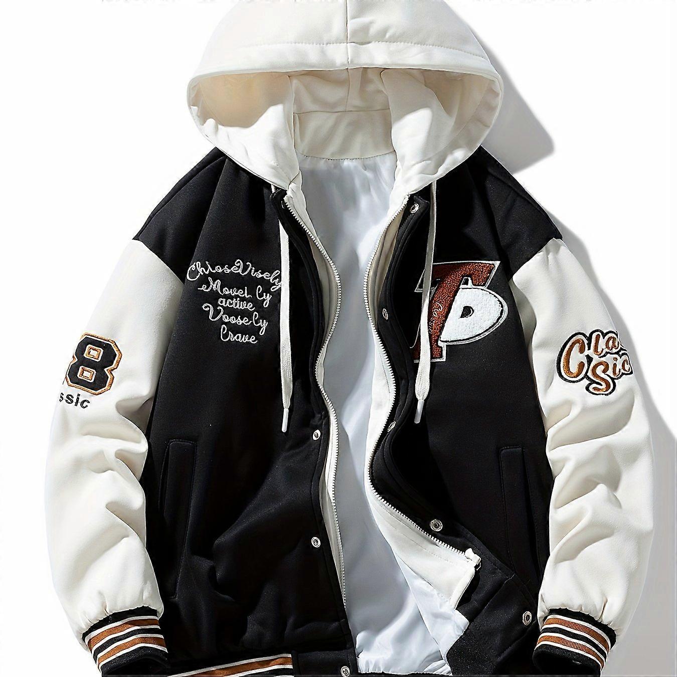 Jaqueta de beisebol listrada bordada com blocos de cor de manga longa para homens com bolsos, jaqueta casual com capuz com zíper para uso externo