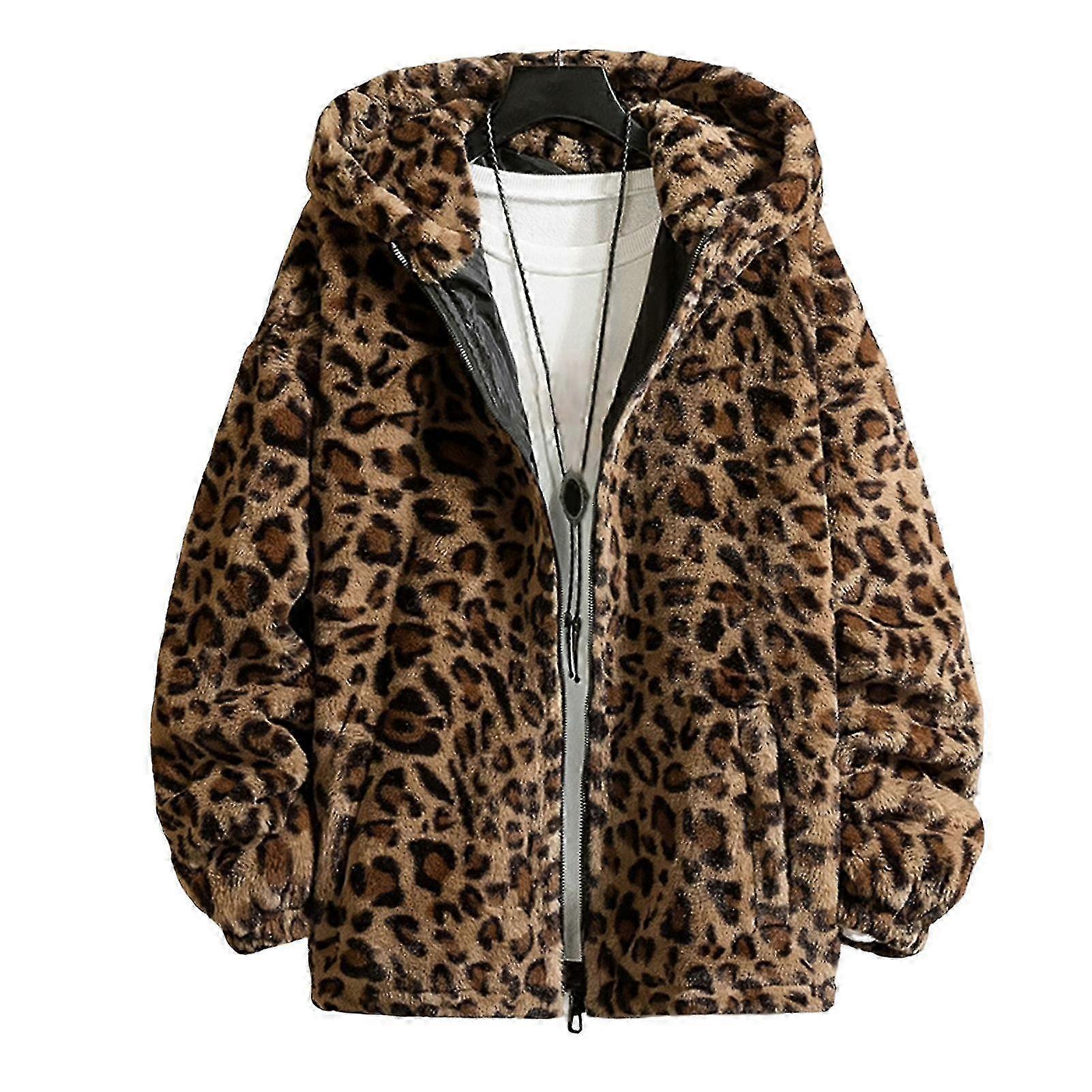 Leopard Print Μακρυμάνικη Τσέπες Κλείσιμο με φερμουάρ Ανδρικό παλτό Χειμώνας Παχιά Διπλής όψης Βελούδινα Εξωτερικά Ενδύματα με Κουκούλα