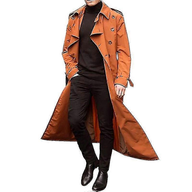 Men Long Trench Coat Lapel Overcoat Casual Jacket Plain Outerwear