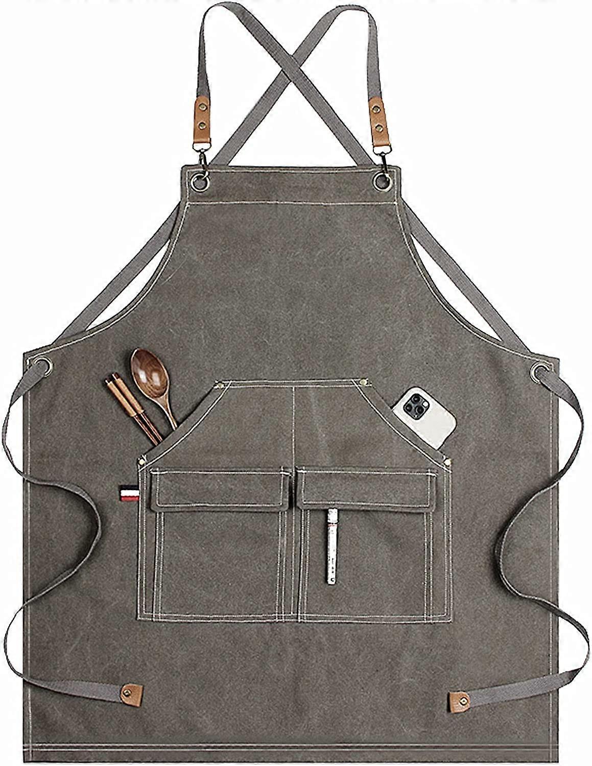 Aprons Men, Chef Apron for Men Black with 4 Pockets Kitchen Grilling Apron Corss Back Canvas Server Apron for Garden Waitress