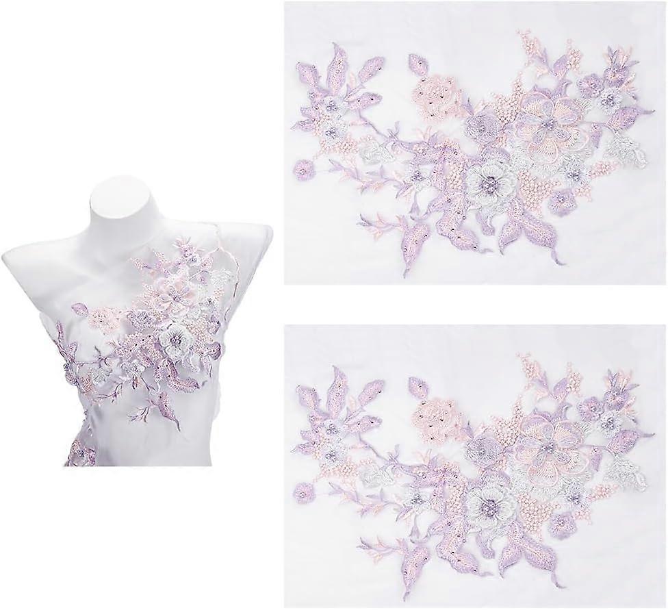 2 PCS Flower Lace Patches 13.4x10.6inch 3D Embroidered Patches Flower Plum Color Applique Patches Nail Bead Tulle Applique Flower Patch for Sewing Pol