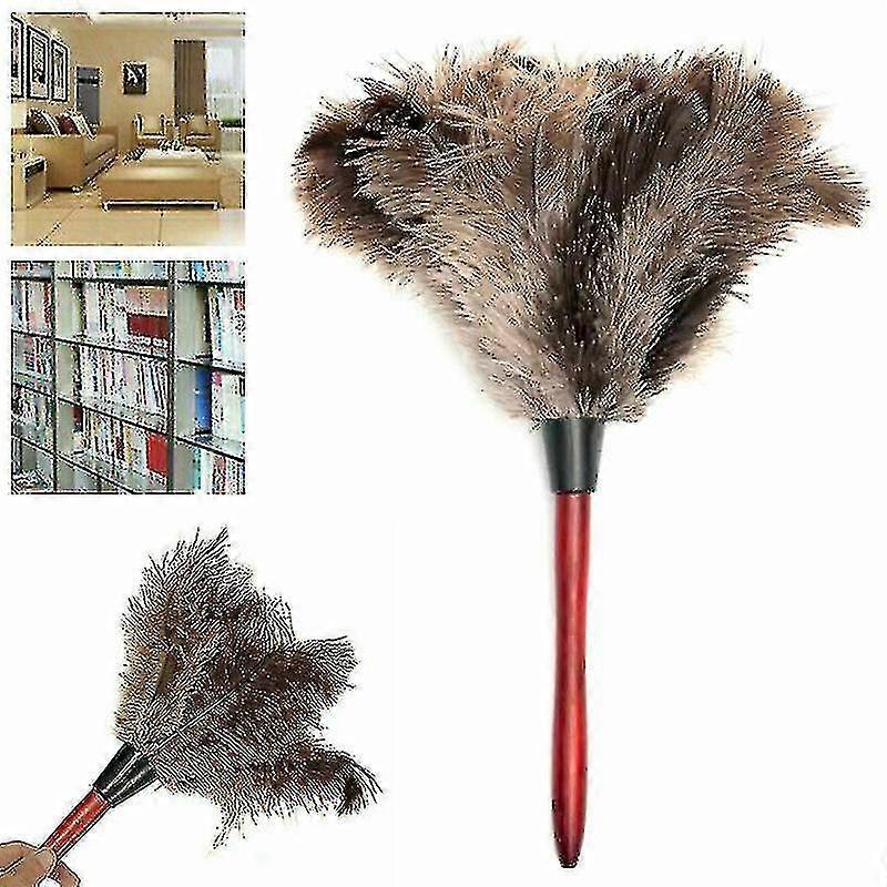 אנטי סטטי דאסטר נוצות יען אמיתי 32 ס"מ מברשת ידית עץ נקייה