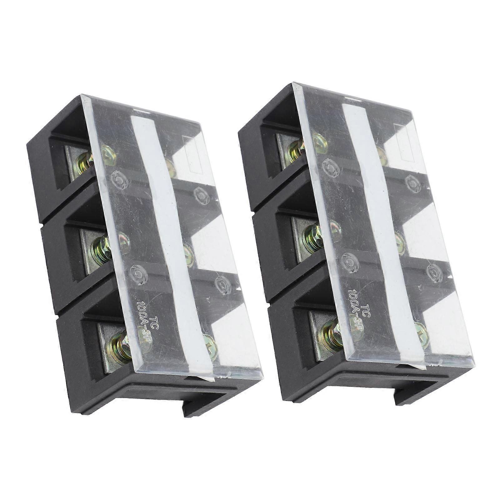 2pcs Wire Barrier Block Terminal Strip 600V 100A TC Fixed Iron Dual Rows Terminal Strip with Cover Black 3 Positions (1003)