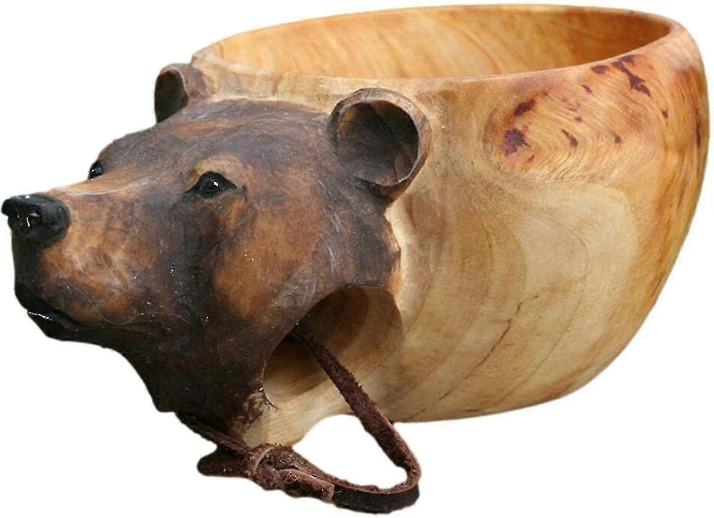 Kézzel faragott fa bögre - Bear Head Design csésze szabadtéri kempingezéshez és utazókhoz