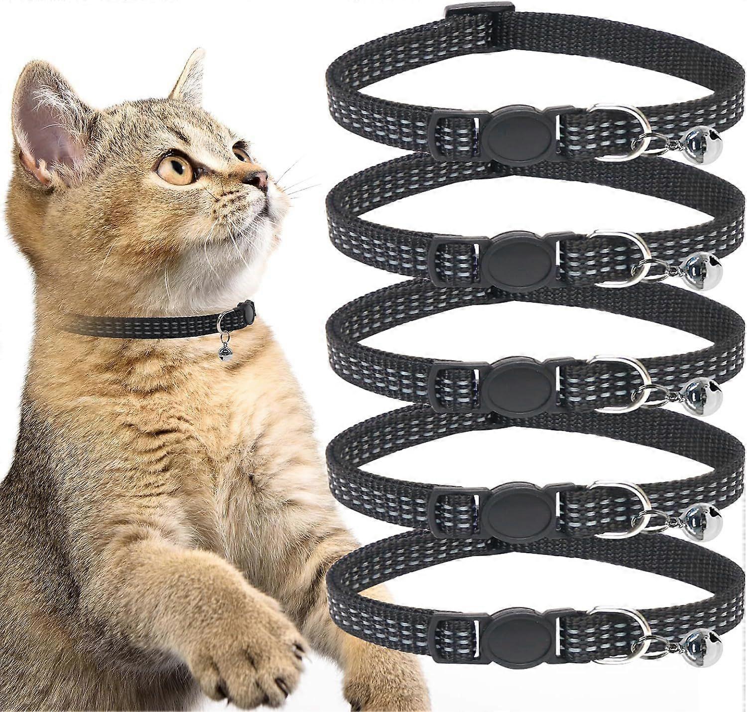 SBSGV 10 חבילת צווארוני חתולים מתקפלים - צווארוני חתלתול מחזירי אור צווארוני קיטי מתכווננים שחורים עם פעמונים לחתולי ילד ילדה מתנות לחיות מחמד אספקה דברים א