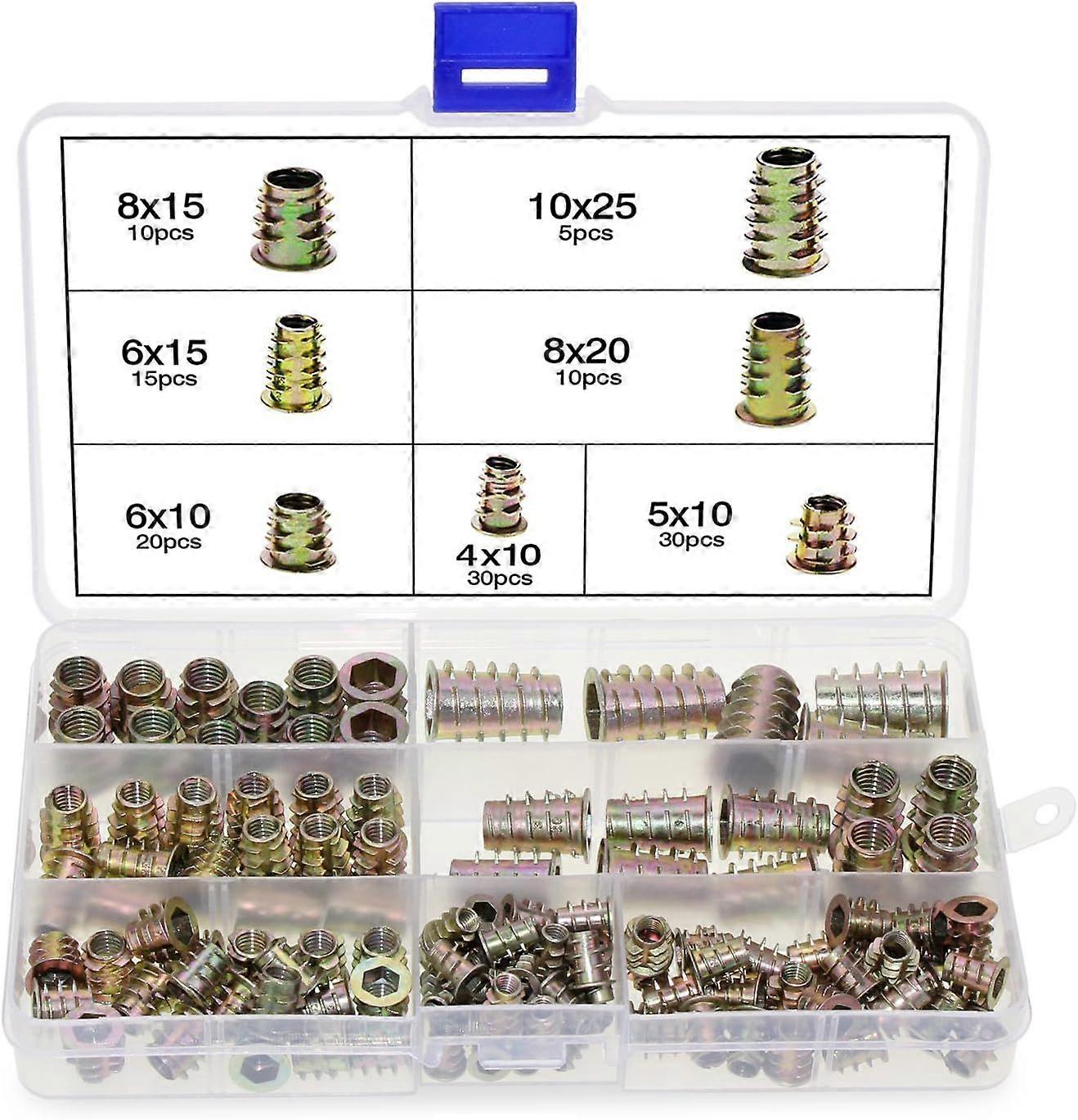 120 Pack Zinc Alloy Hex Nuts M4 M5 M6 M8 M10 with Thread Inserts for Wood Furniture with Plastic Box