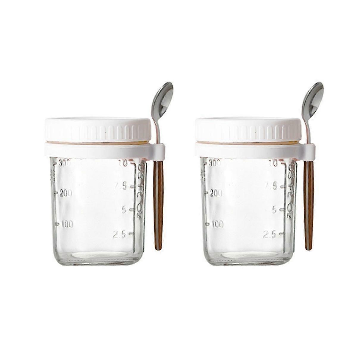 2pcs Breakfast Cup Container Airtight Oatmeal Jar with Cover and Spoon Portable Oatmeal Cup for Salads Cereal White