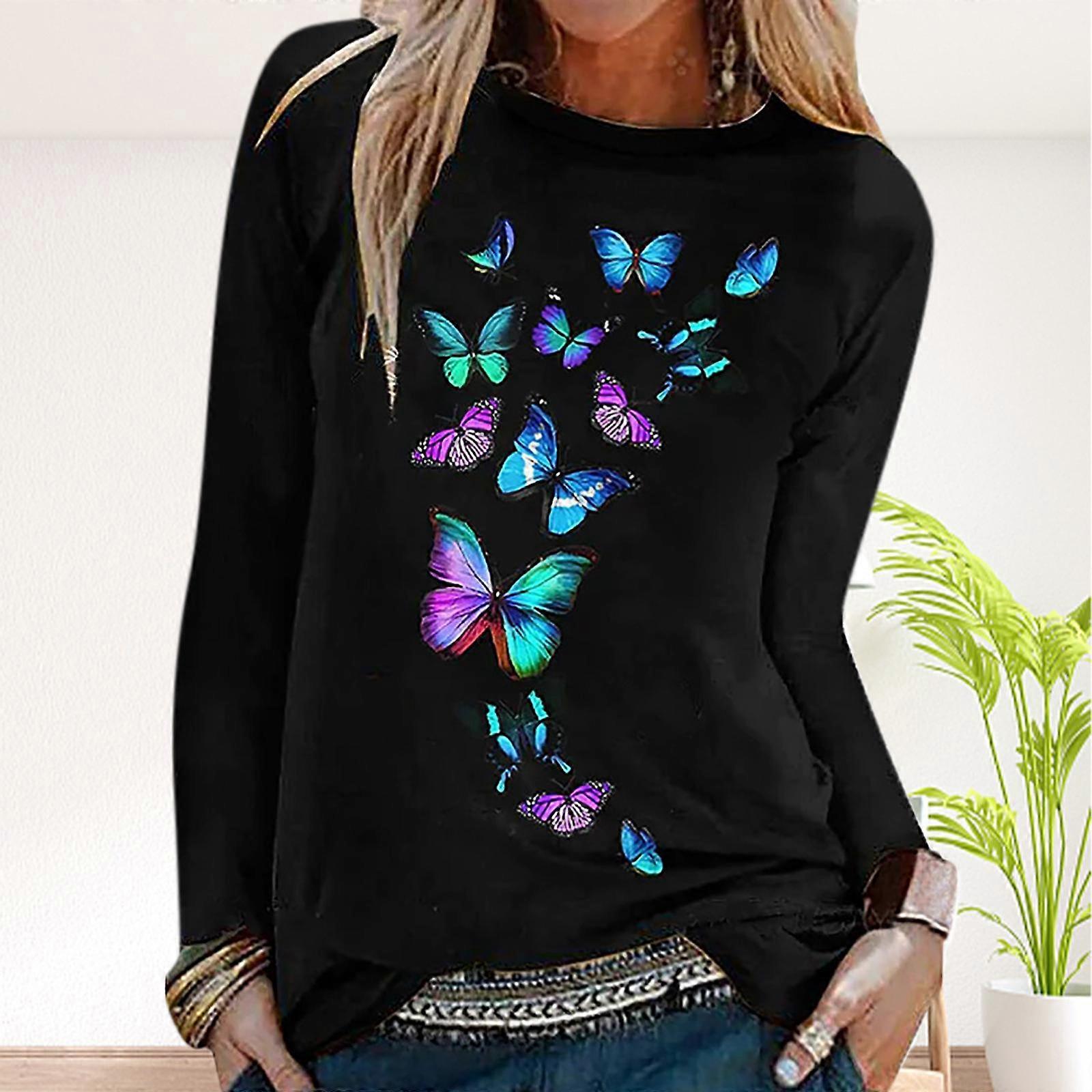 Kvinnor Höst Toppar Lös Katt Vacker Fjäril Tryck Orsak Långärmad T-shirt Topp Blus